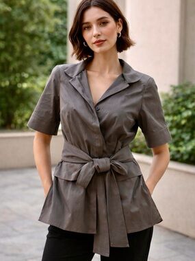 Lafayette 148 New York Women’s Tie-Waist Short Sleeve Cotton Blend Blouse Taupe